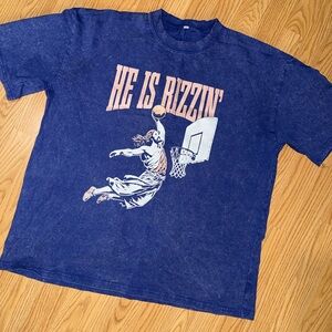 “He Is Rizzin’” Basketball Graphic T-Shirt – Blue Acid Wash Style Tee